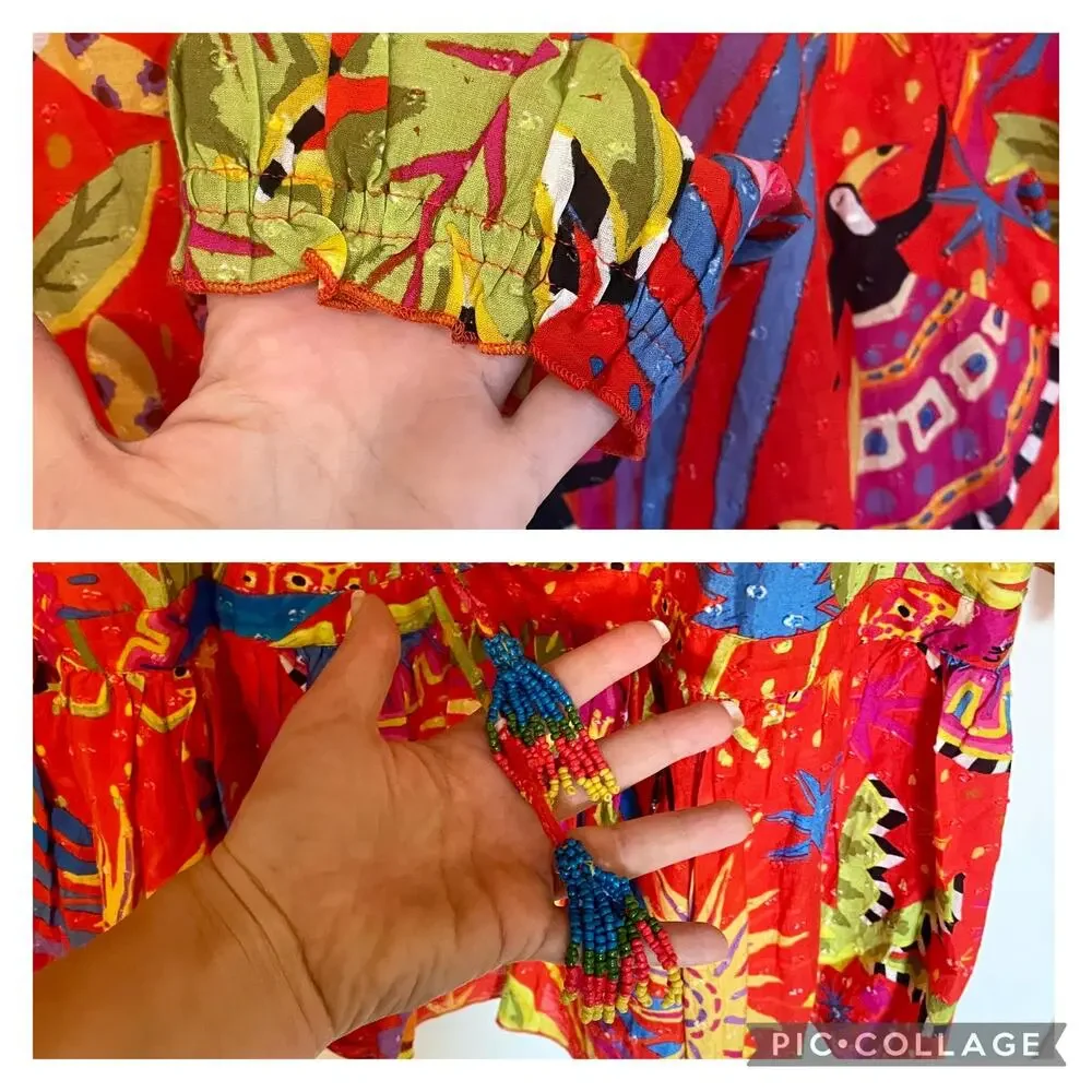 Farm Rio Magic Forest Cotton Mini Dress V-Neck Long Sleeve Beaded Tassels sz M - Picture 10 of 16